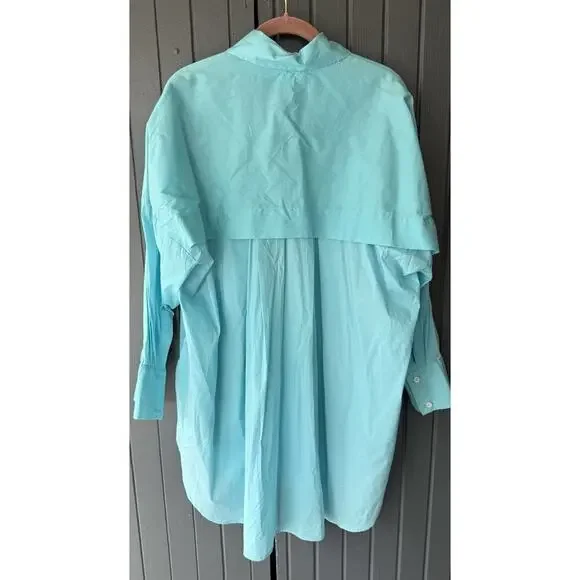 Secular Italy Oversized Button Up Shirt Top Aqua XS O/S 56” Bust Lagenlook $237 - Picture 3 of 12
